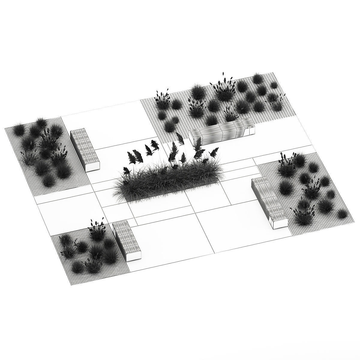 Bushes And A Bench With Paving Slabs For An Urban 1151 3D model_11