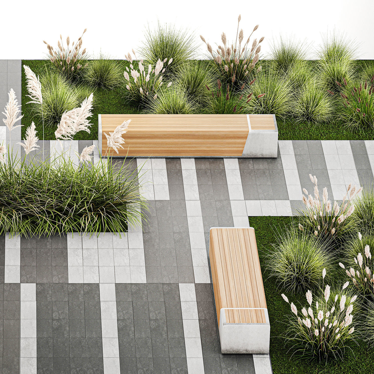 Bushes And A Bench With Paving Slabs For An Urban 1151 3D model_1