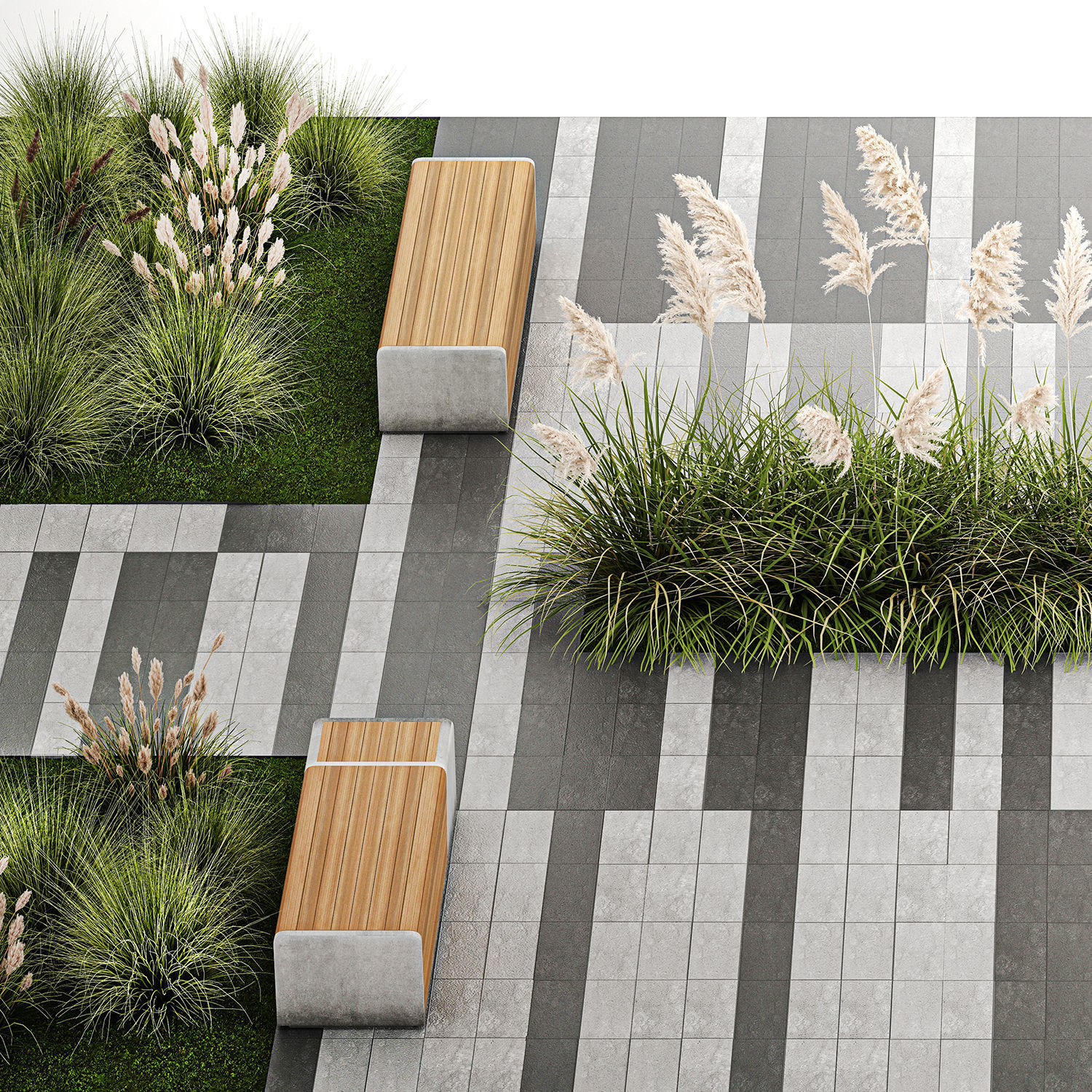 Bushes And A Bench With Paving Slabs For An Urban 1151 3D model_7