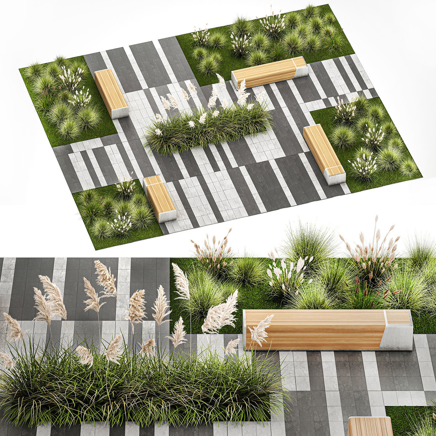 Bushes And A Bench With Paving Slabs For An Urban 1151 3D model_12