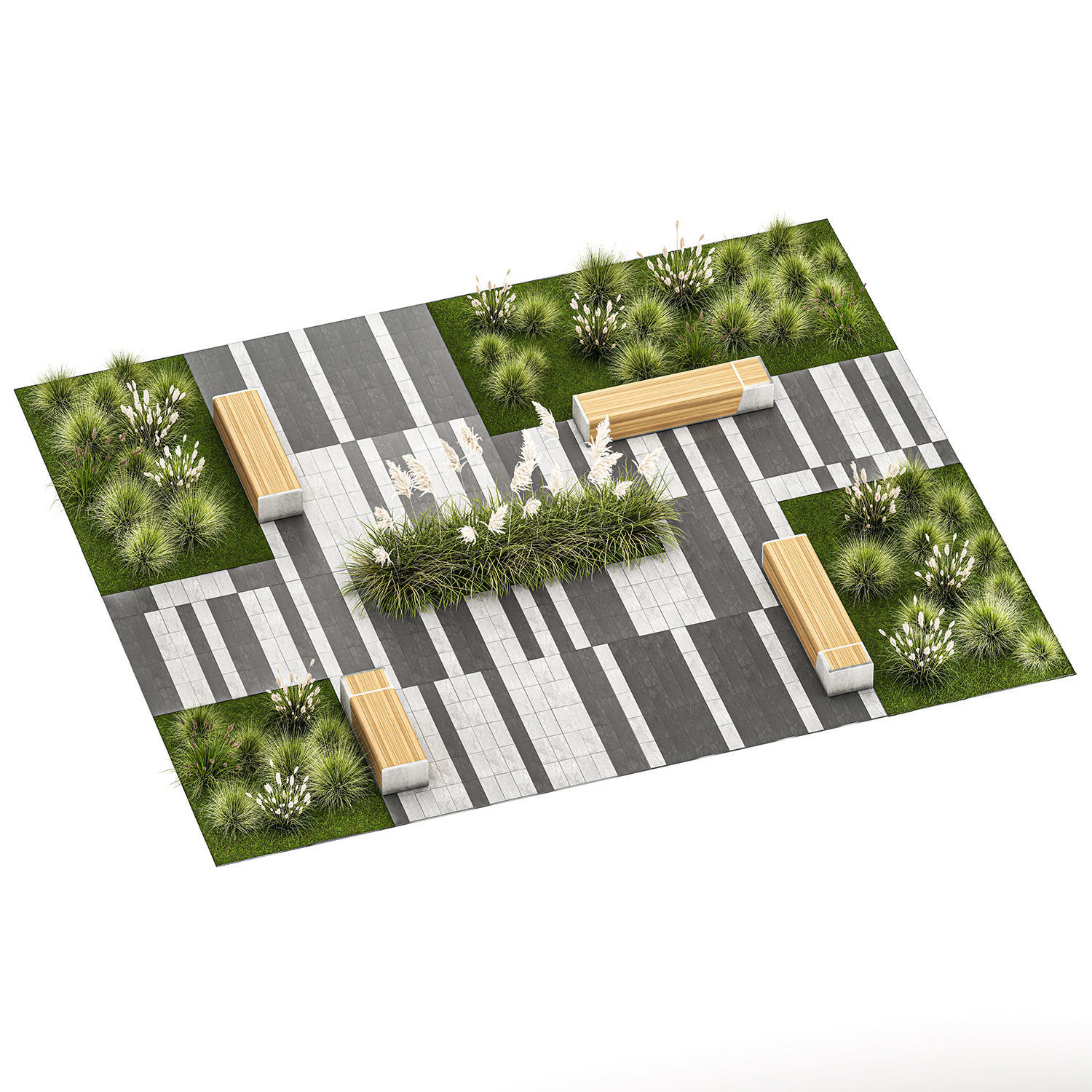 Bushes And A Bench With Paving Slabs For An Urban 1151 3D model_3