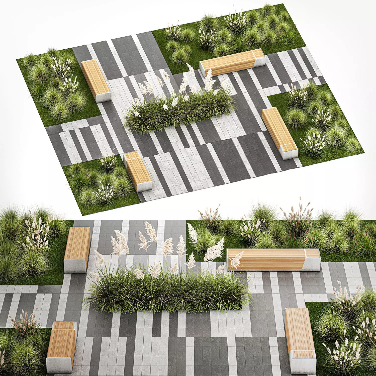 Bushes And A Bench With Paving Slabs For An Urban 1151 3D model_0