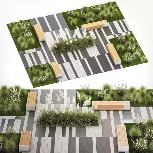 Bushes And A Bench With Paving Slabs For An Urban 1151 3D model
