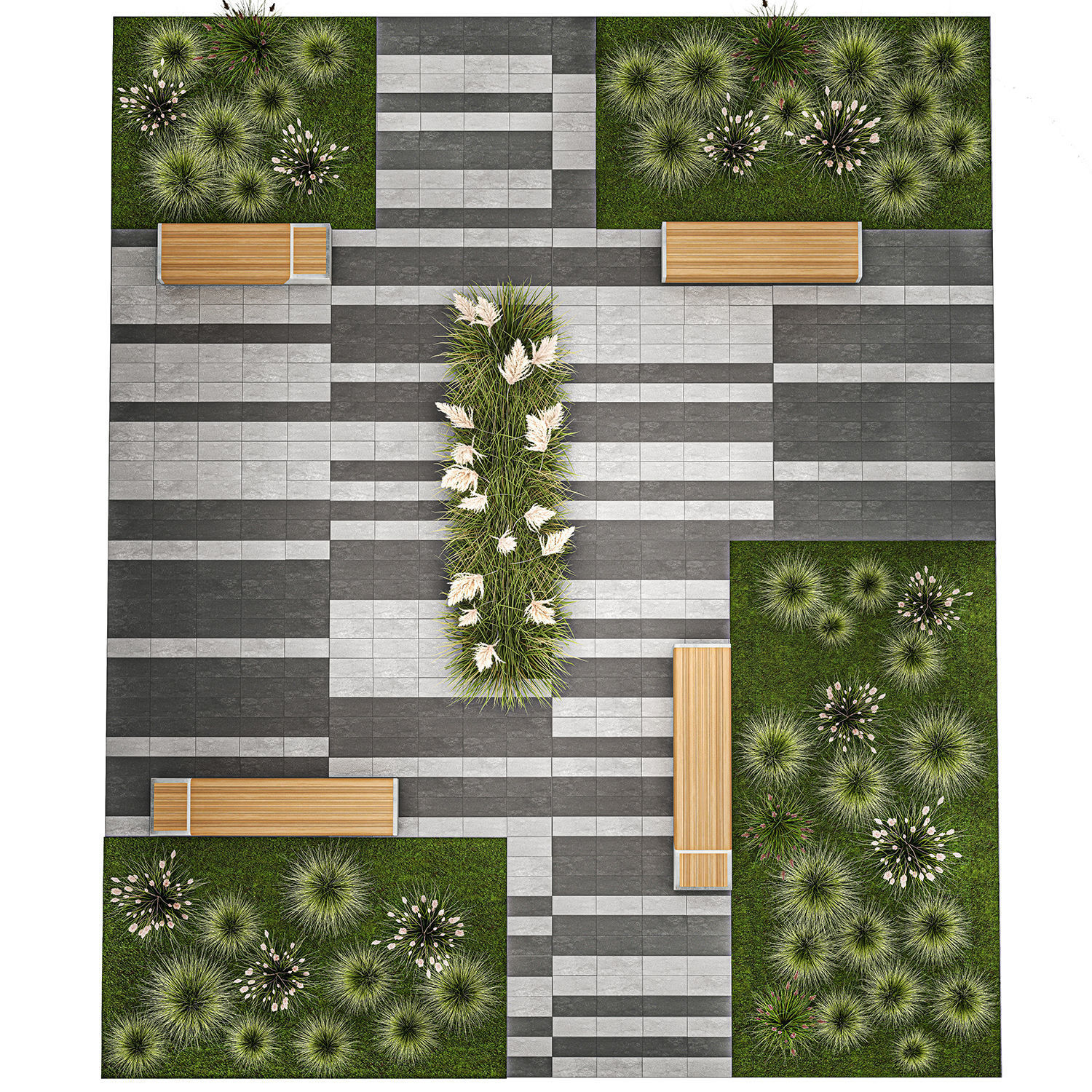 Bushes And A Bench With Paving Slabs For An Urban 1151 3D model_8