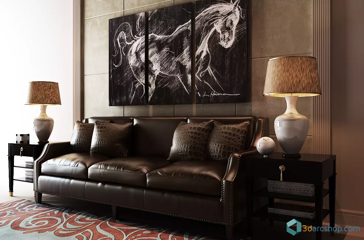 3d models living room with horse painting on wall Free low-poly 3D model_0