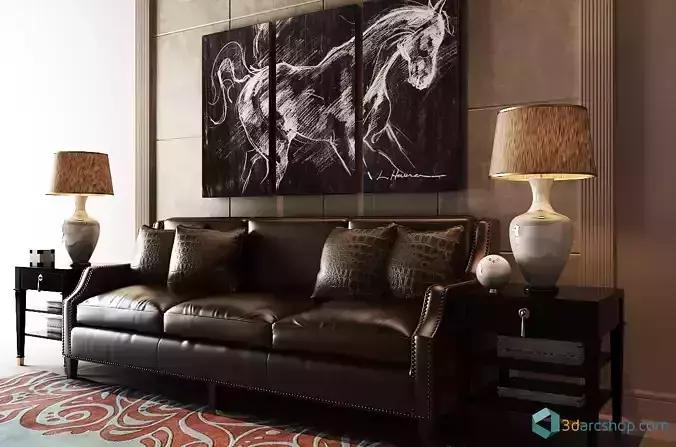 3d models living room with horse painting on wall