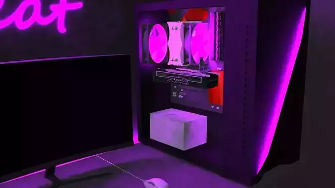 Gaming-pc computer room with neon lights and monitor