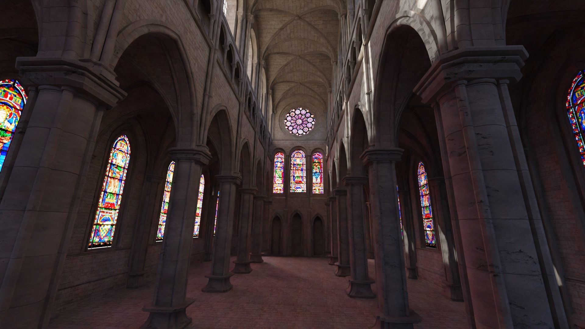 church inside of cathedral with stained glass windows 3D model_7