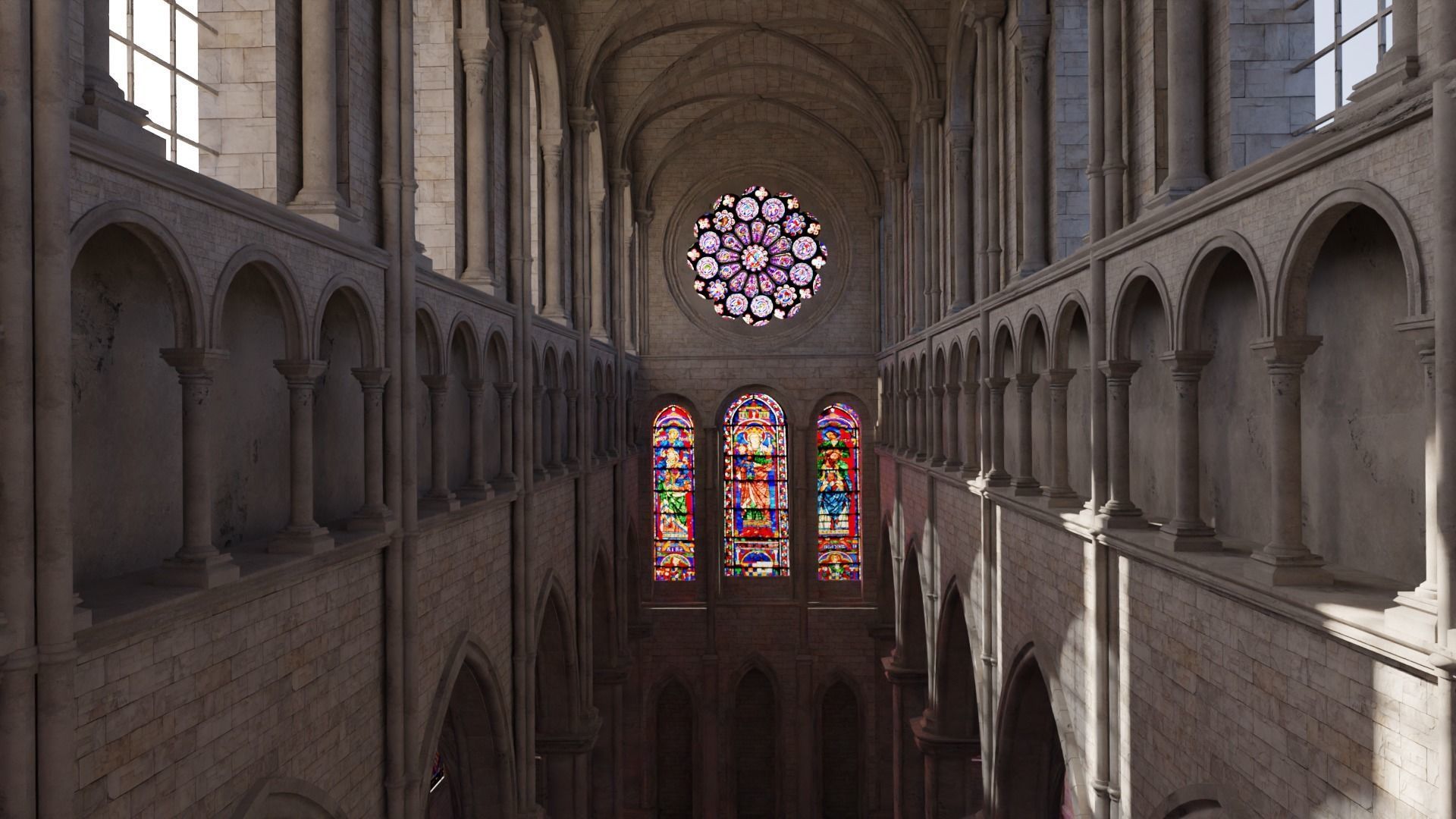church inside of cathedral with stained glass windows 3D model_1