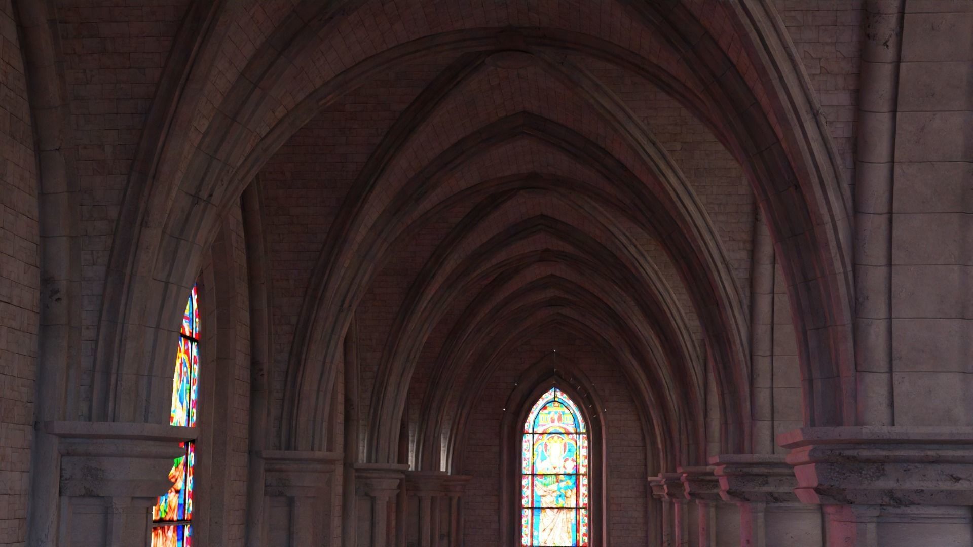 church inside of cathedral with stained glass windows 3D model_5