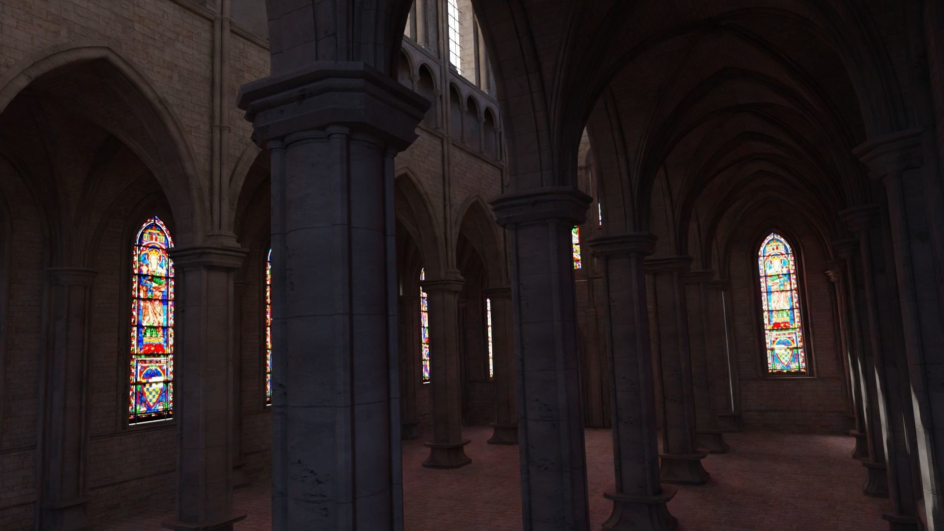 church inside of cathedral with stained glass windows 3D model_3