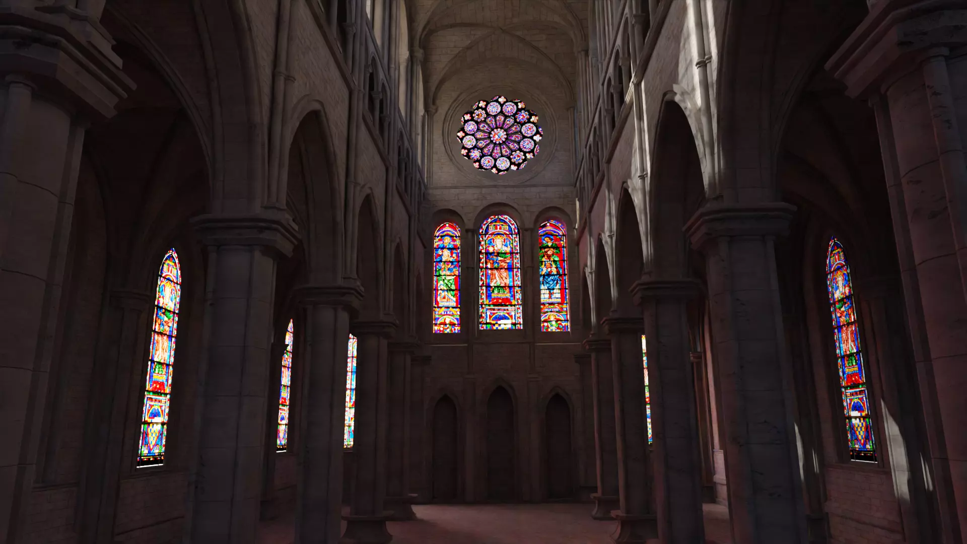 church inside of cathedral with stained glass windows 3D model_0