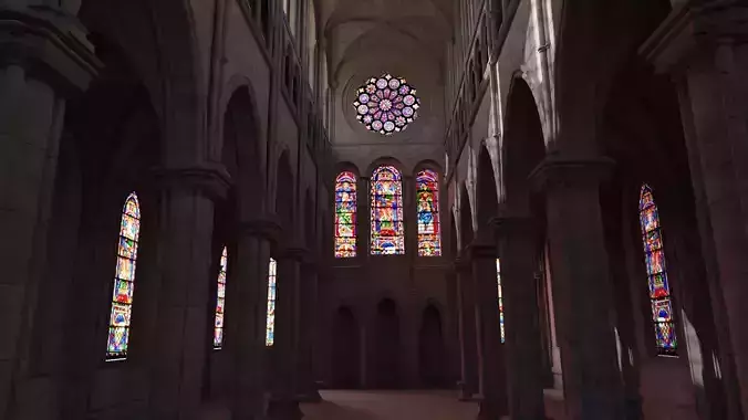 church inside of cathedral with stained glass windows 3D model