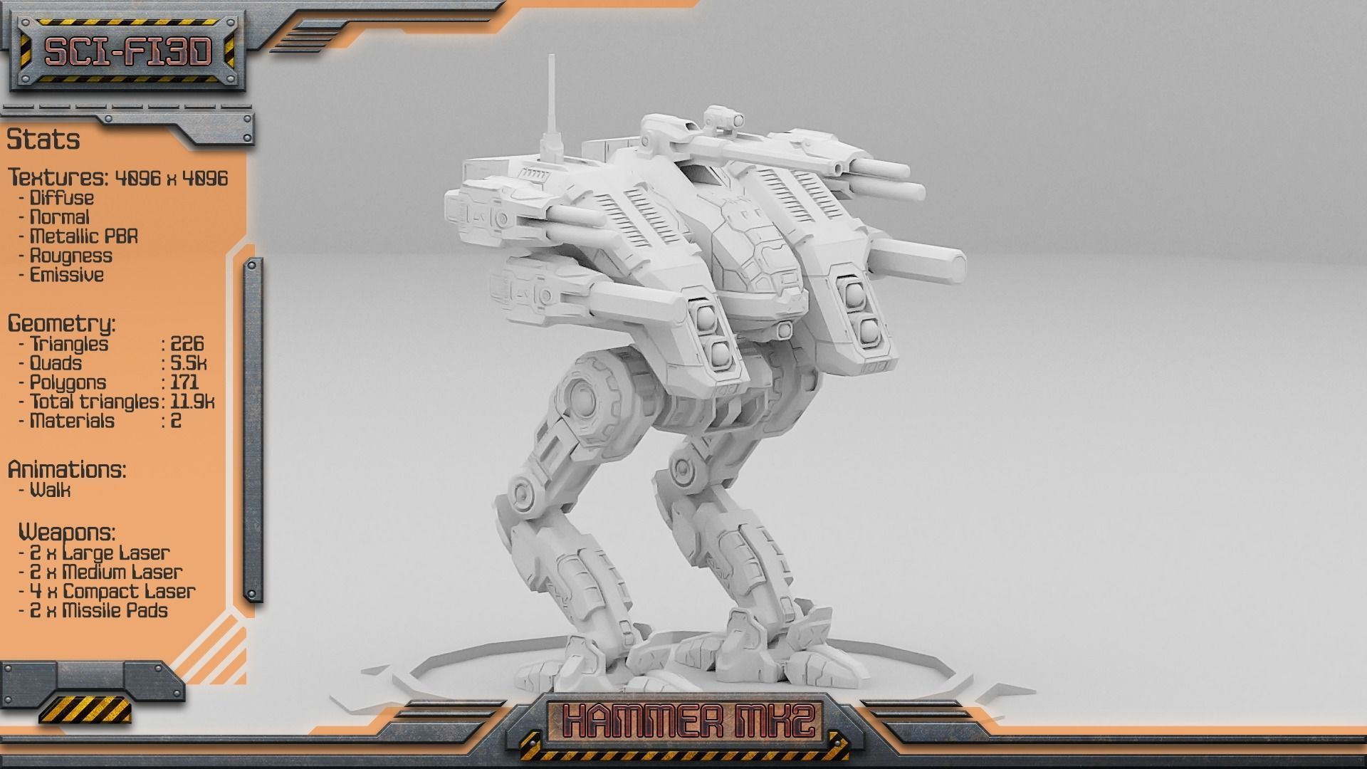 Hammer MK2 BattleMech Low-poly 3D model_8