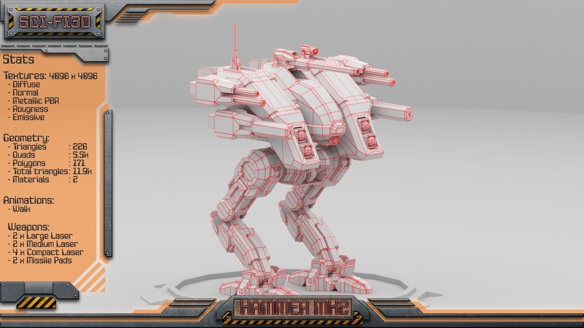 Hammer MK2 BattleMech Low-poly 3D model_9