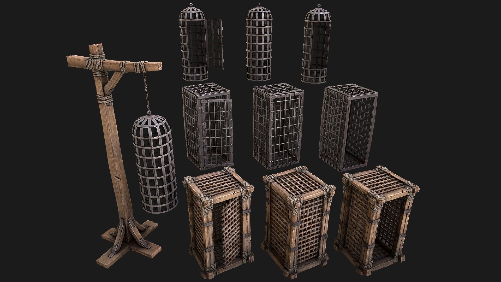 Medieval Torture Cage Set  Low-poly 3D model_2