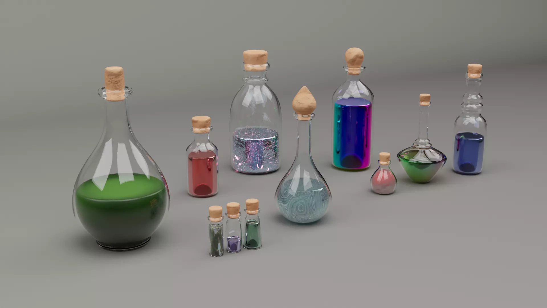 Lowpoly and Highpoly Potion Bottles 11x 3D model_0