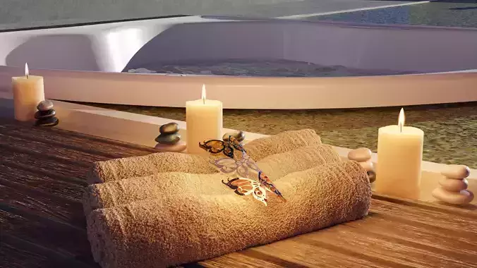 Butterfly spa with candles and towels on wooden deck