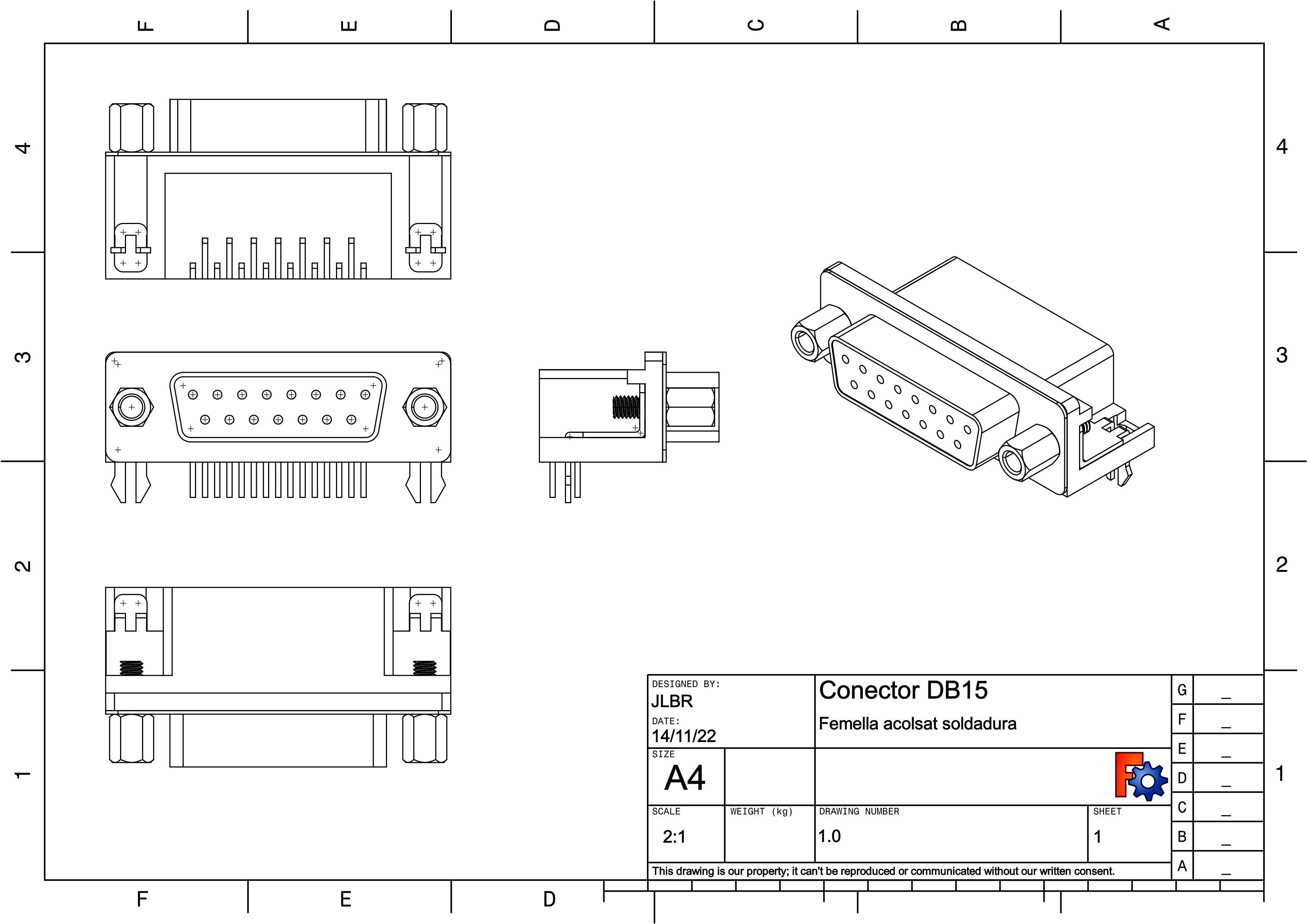 DB15 female connector elbow through hole 3D model_2