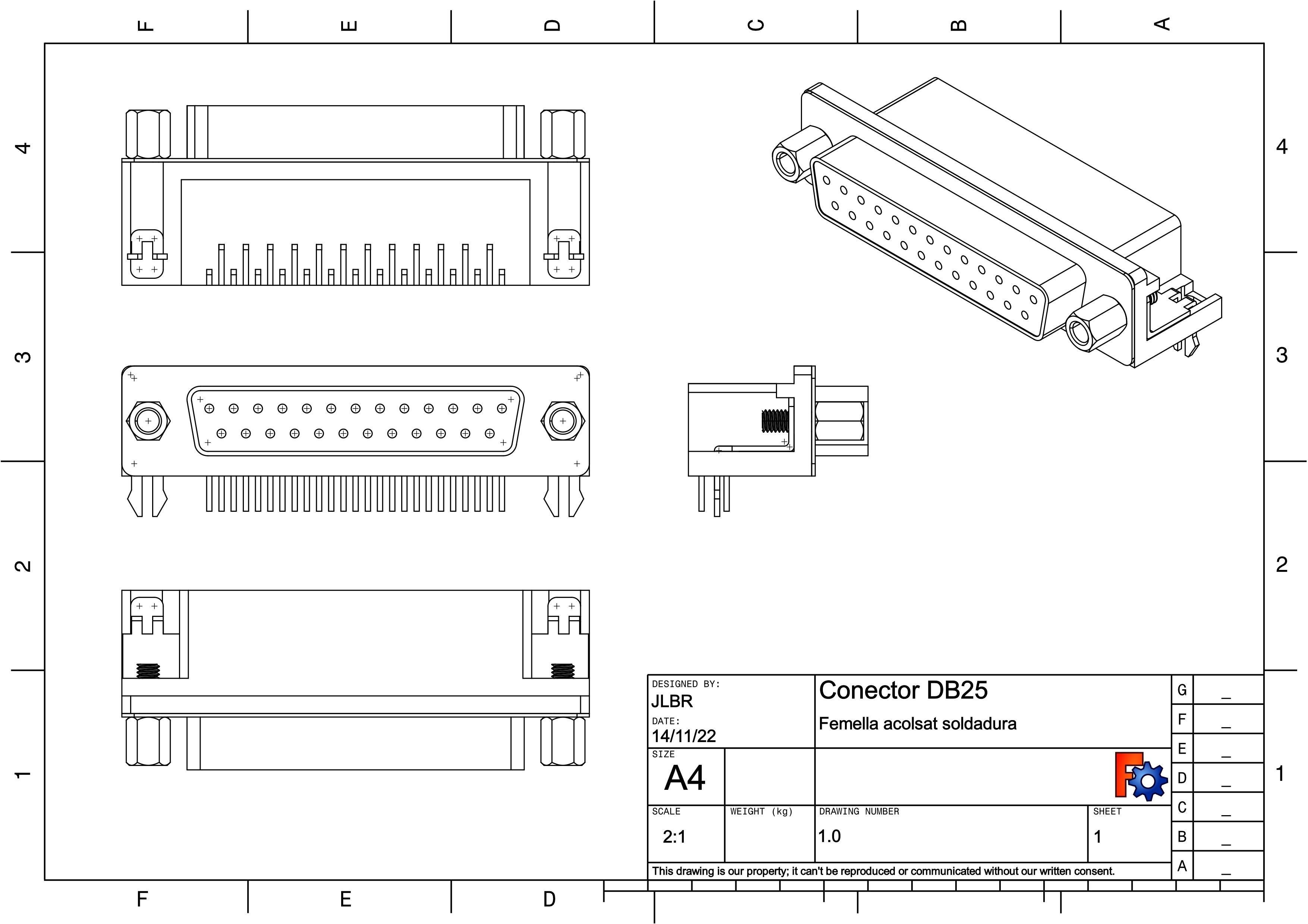 DB25 female connector elbow through hole 3D model_2