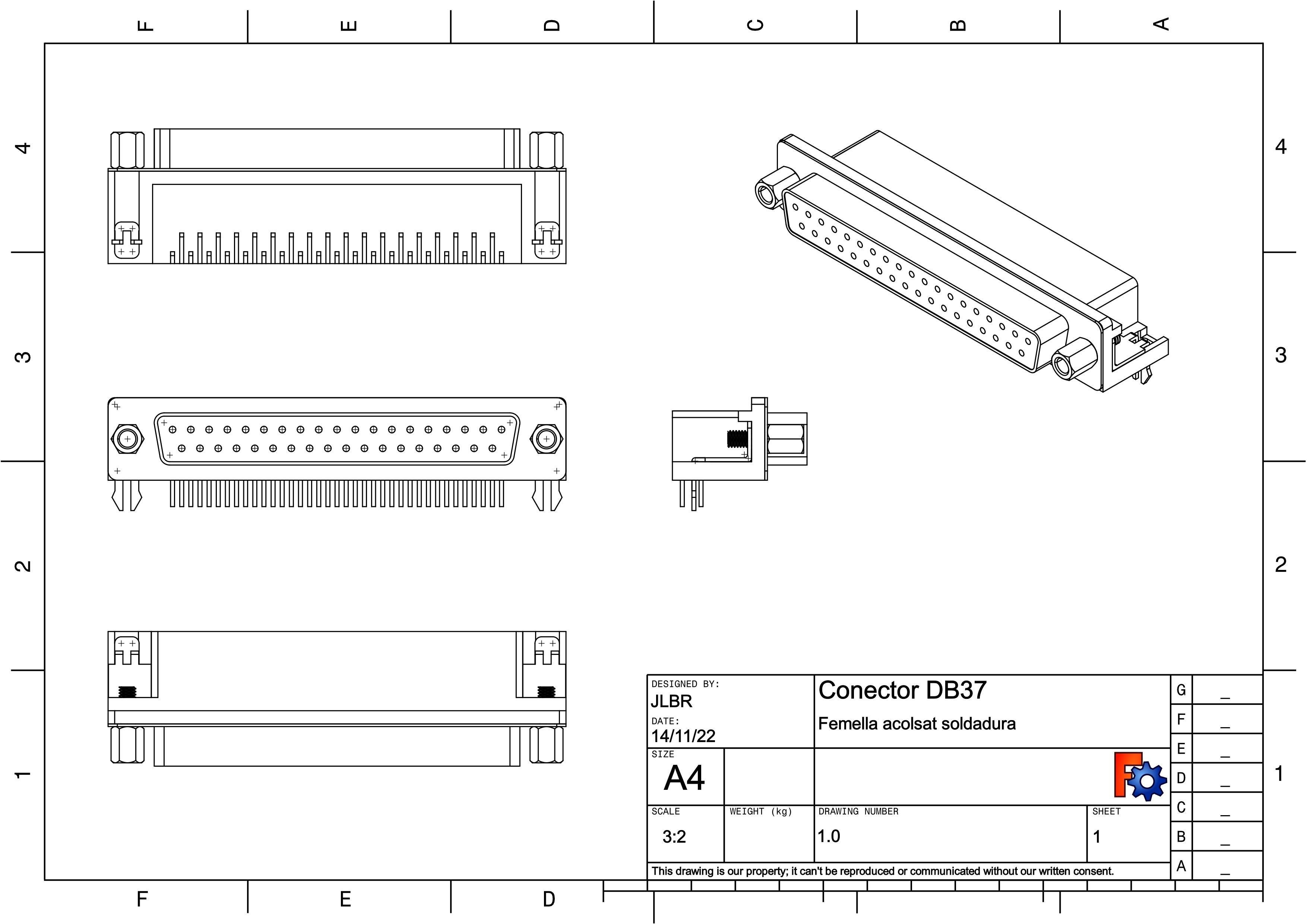 DB37 female cpnnector elbow through hole 3D model_2