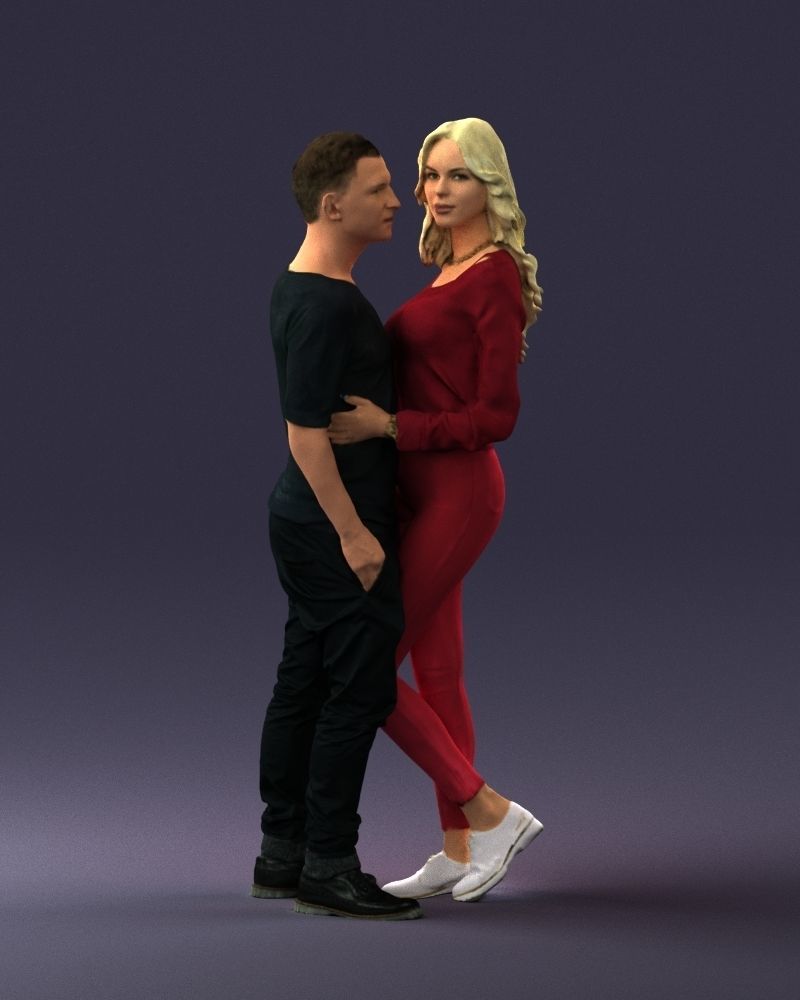 Blonde in red hugs a man 0359 3D model_3