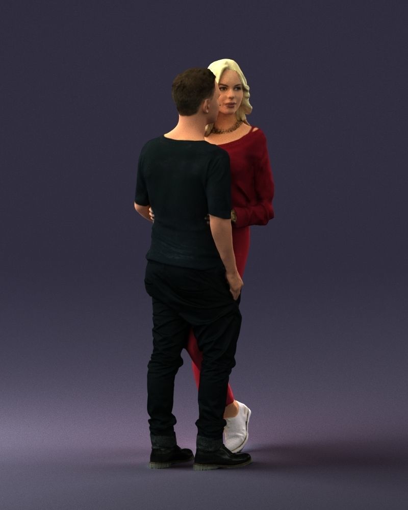 Blonde in red hugs a man 0359 3D model_9
