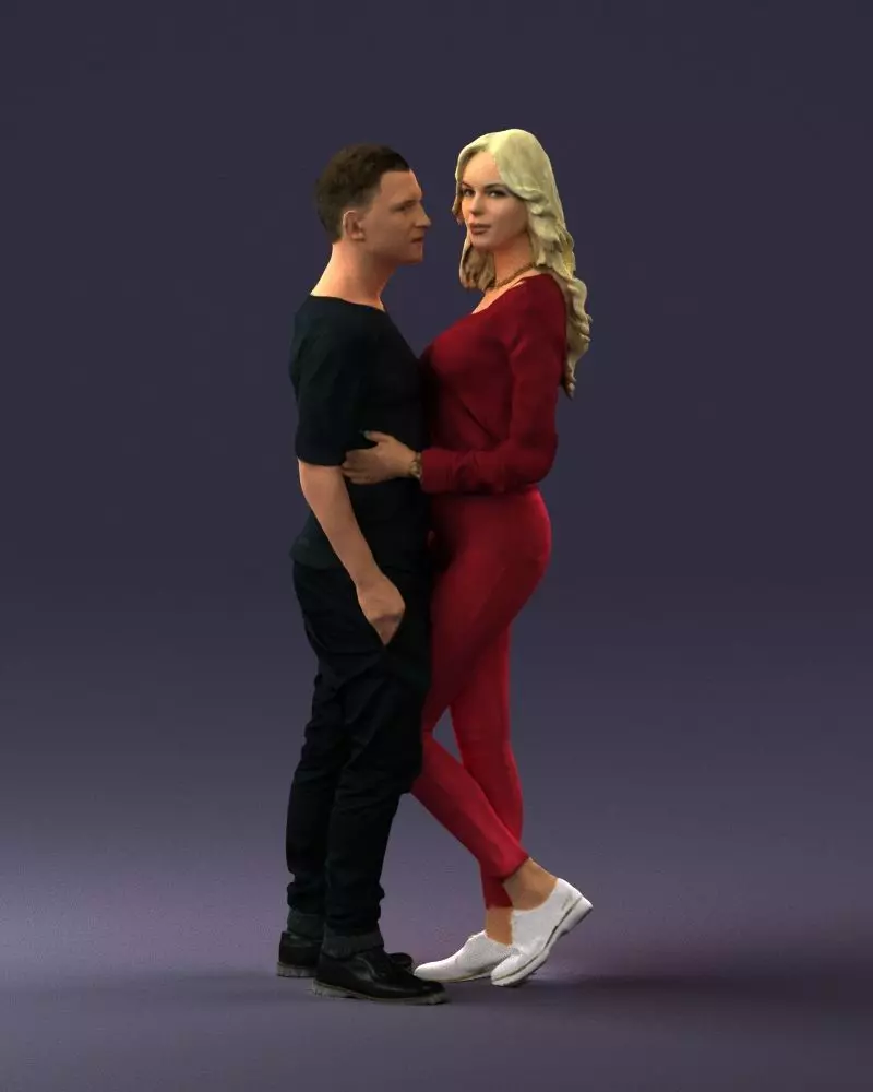 Blonde in red hugs a man 0359 3D model_0