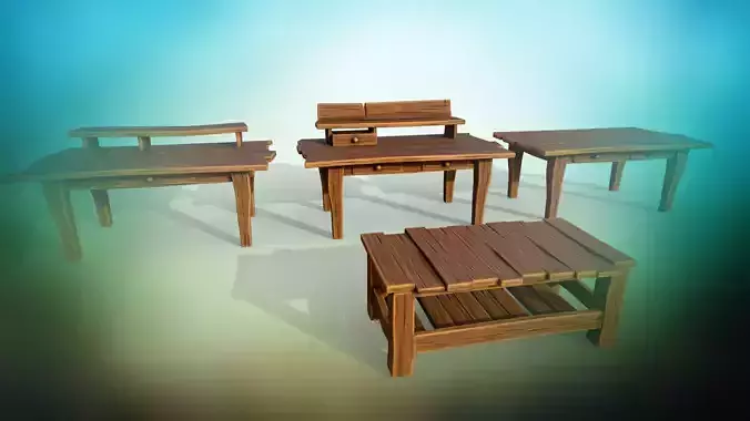 Set of stylized tables PBR game ready Low-poly 3D model