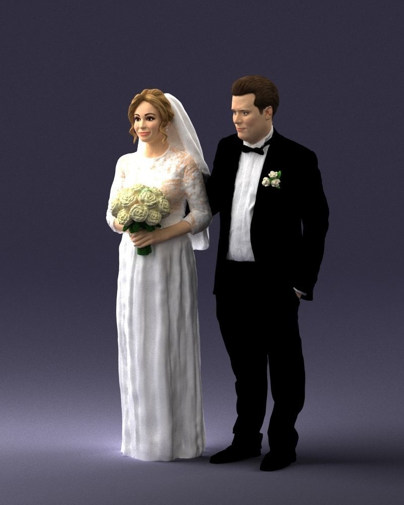 Bride with bouquet of flowers 0454 3D print ready 3D print model_3