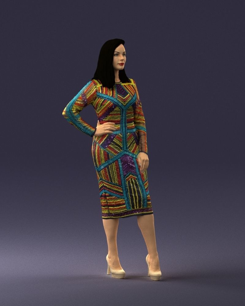 Brunette woman in a multicolored dress 0308 3D model_6