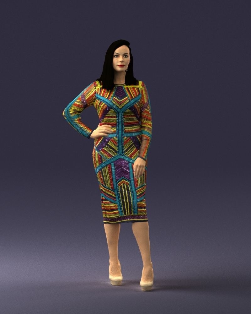 Brunette woman in a multicolored dress 0308 3D model_36