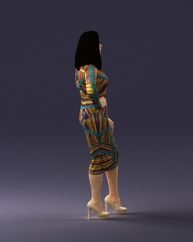 Brunette woman in a multicolored dress 0308 3D model_12