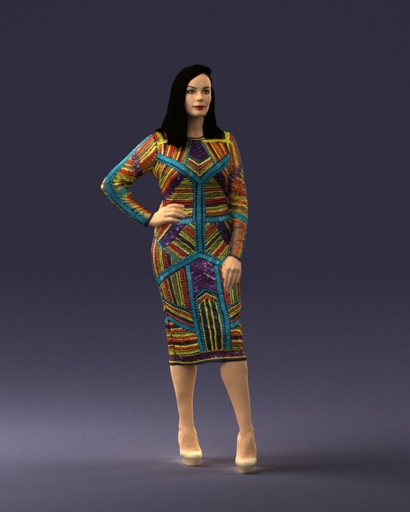 Brunette woman in a multicolored dress 0308 3D model_3