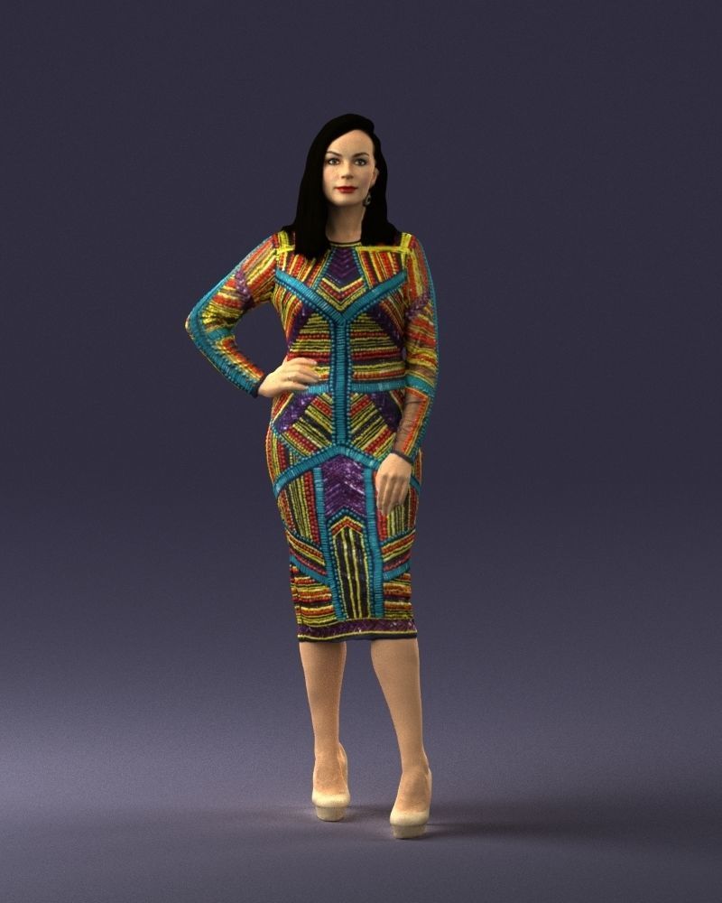 Brunette woman in a multicolored dress 0308 3D model_33