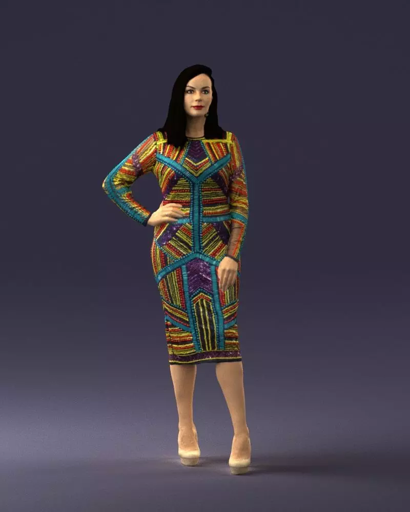 Brunette woman in a multicolored dress 0308 3D model_0