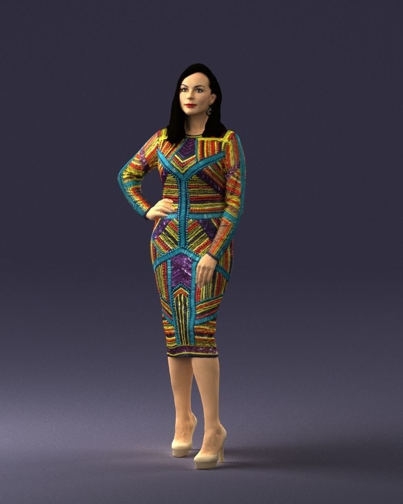Brunette woman in a multicolored dress 0308 3D model_30