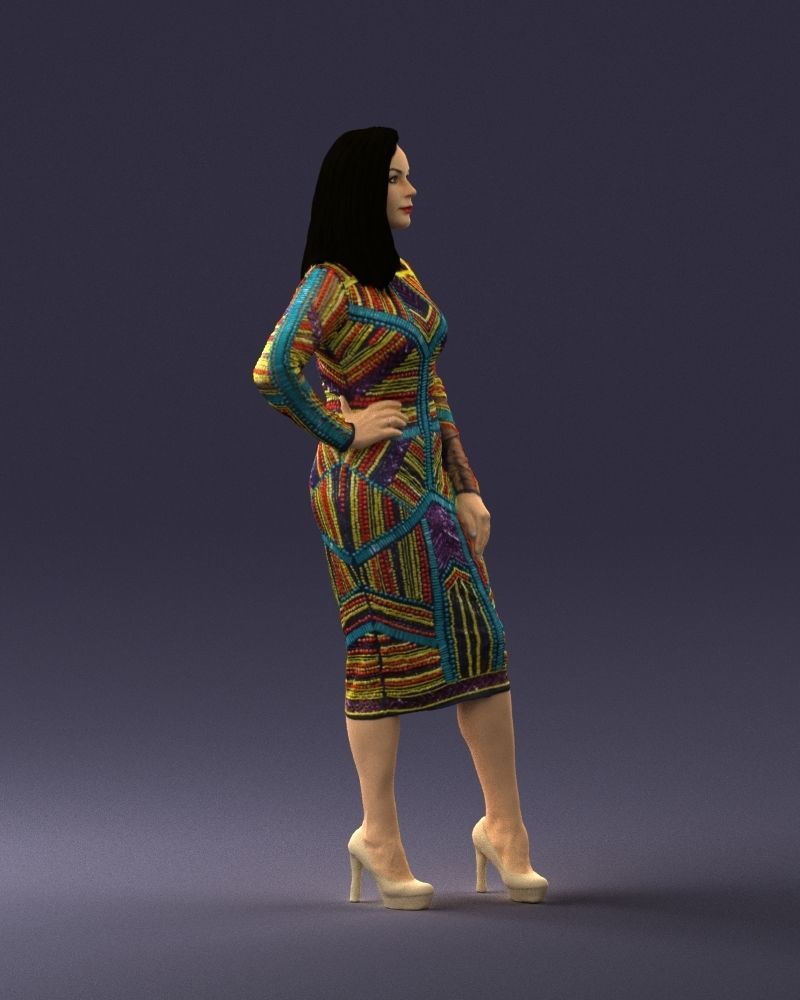 Brunette woman in a multicolored dress 0308 3D model_9