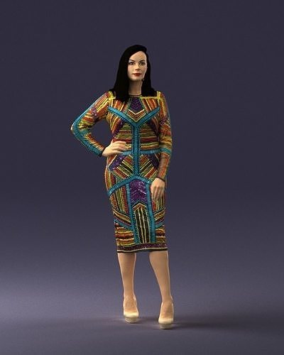 Brunette woman in a multicolored dress 0308 3D Print Ready 3D print model