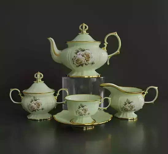 Antique porcelain tea set with flowers 3D model