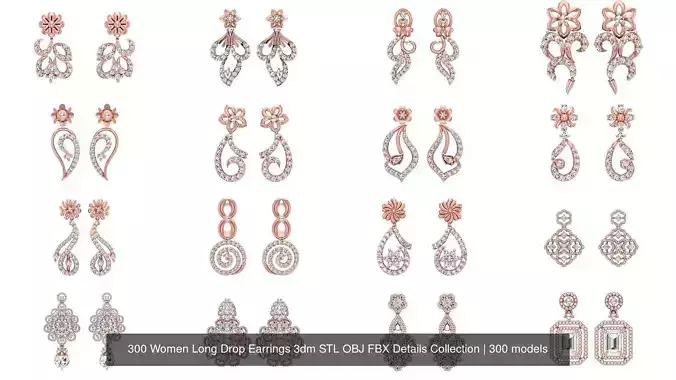 300 Women Long Drop Earrings 3dm STL OBJ FBX Details Collection 
