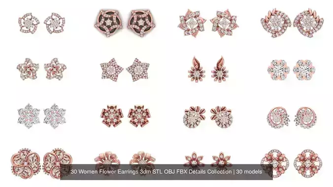 30 Women Flower Earrings 3dm STL OBJ FBX Details Collection 