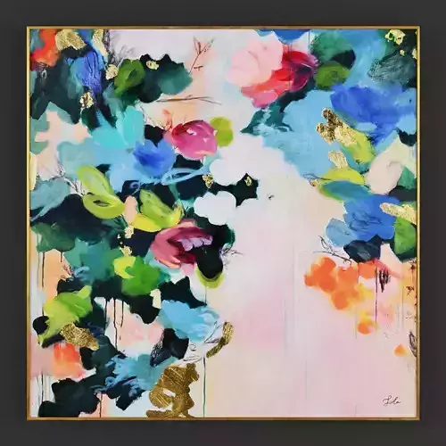 Pictures331 abstract painting of flowers in gold frame
