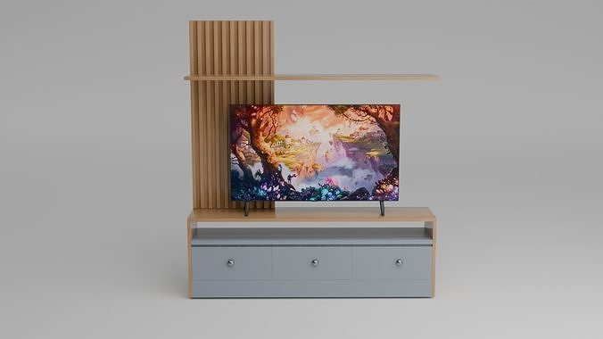 Modern TV Stand with Wooden Slats and Floating Shelf 3D model