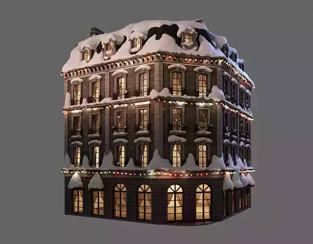 Corner building covered with snow
