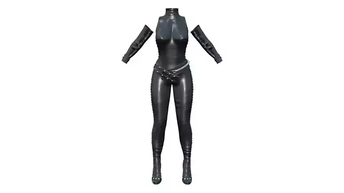 Black Leather Lace Up Body Suit Outfit Suit Armwarmers Boots