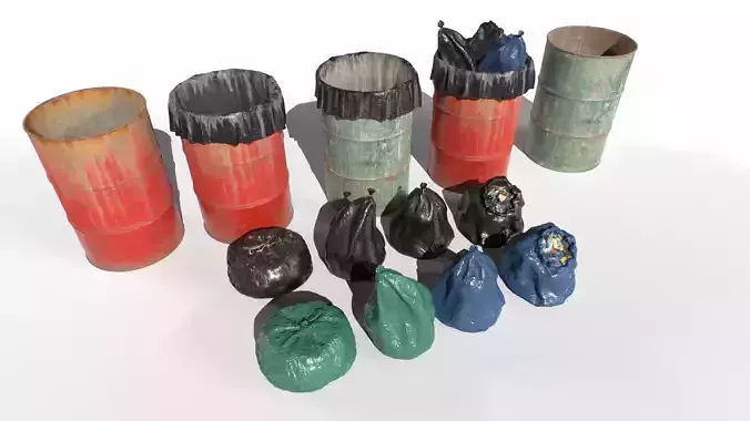 Drum trash can and trash bags Low-poly 3D model