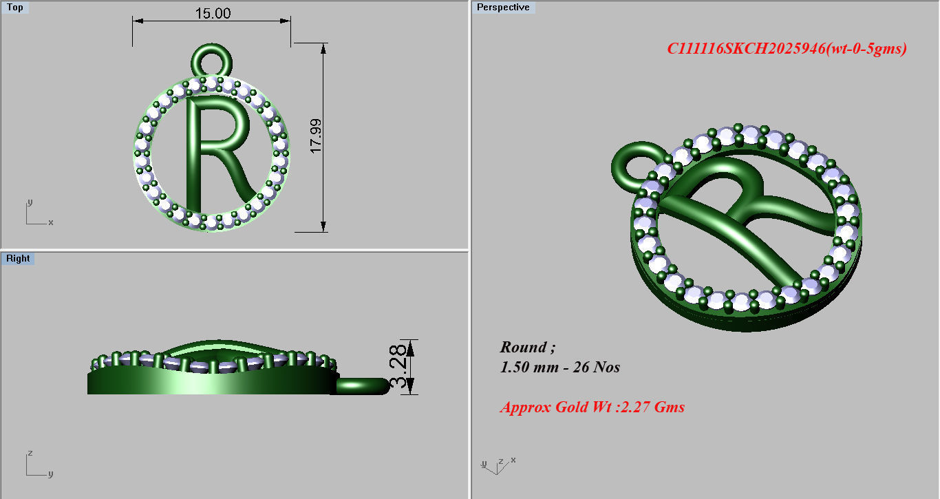 Alphabet - R pendant 3dm render detail 3D print model_4