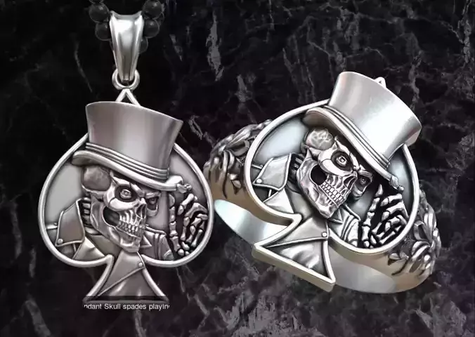 Skull spades poker ring and pendant 3D Model Collection