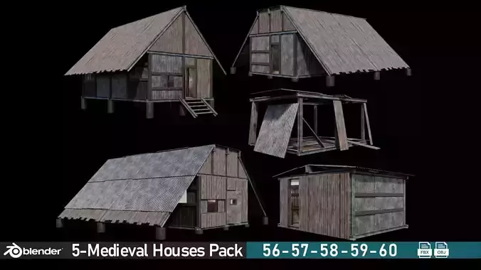 Medieval Houses Pack 56-57-58-59-60 - 4K Textures Game Ready Low-poly 3D model